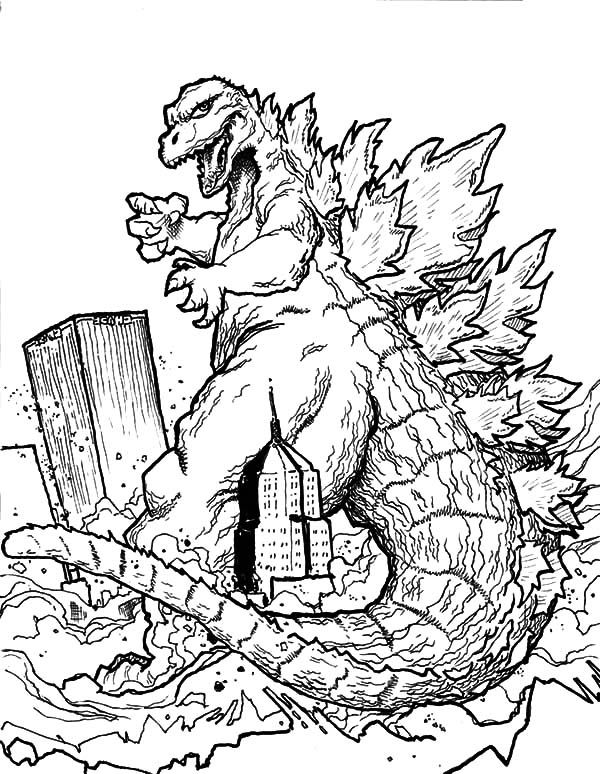 Godzilla godzilla destroying town coloring pages coloriage livre de couleur anniversaire godzilla