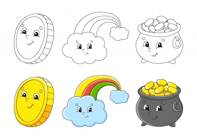 Premium vector set coloring page for kids st patrick s day pot of gold magic rainbow gold coin
