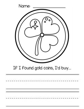 Gold coin coloring and writing activity page by early childhood resource center