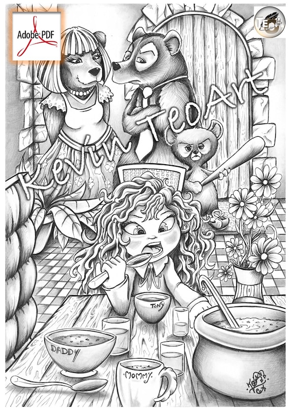 Goldilocks kevin teoart coloring page grayscale illustration coloring page download printable file pdf