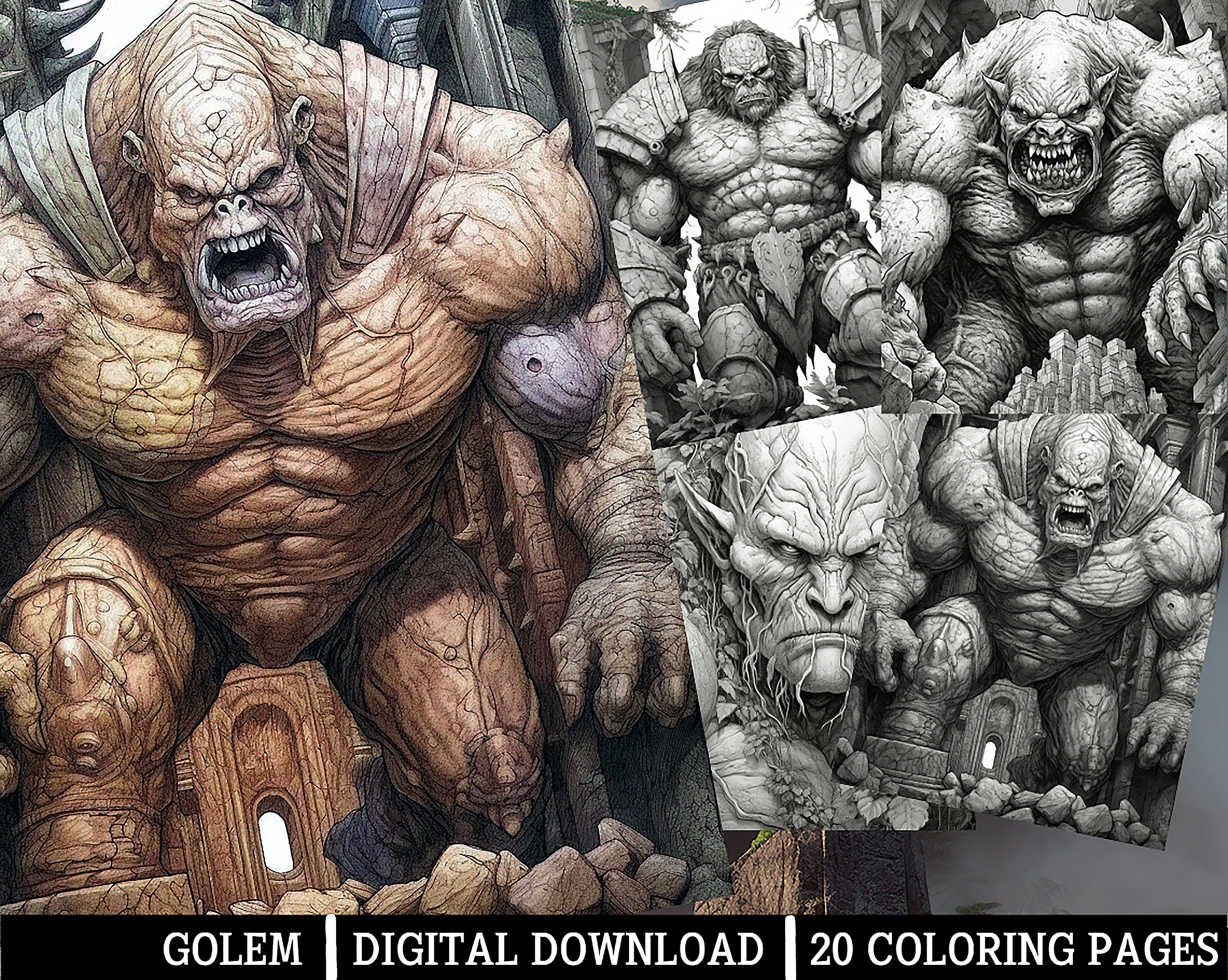 Golem coloring pagesfor adults instant download grayscale coloring page printable pngjpeg coloring for adults horror themed artwork