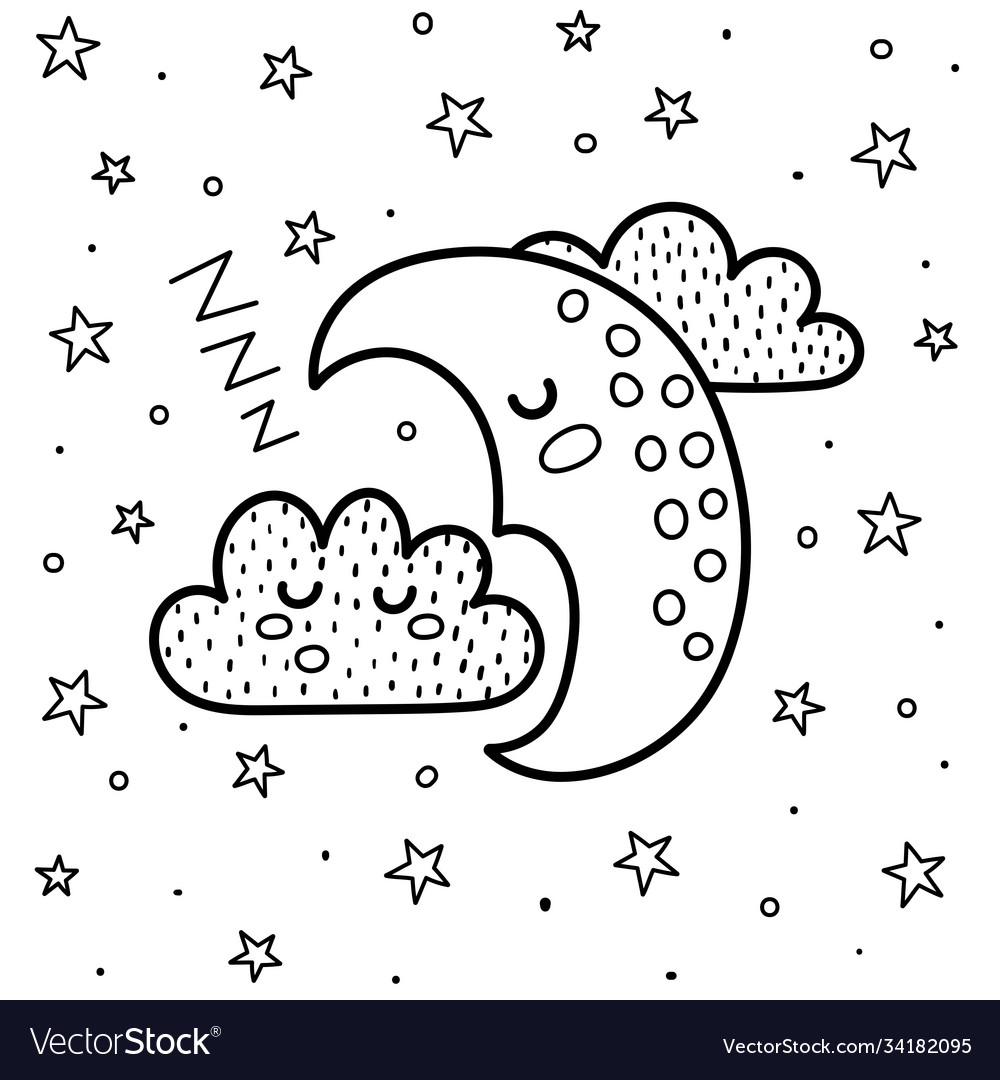 Good night coloring page with a cute sleeping moon