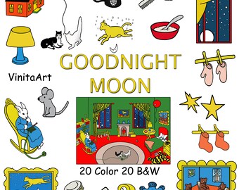 Goodnight moon storybook clip art printable coloring pages digital download digital stamps
