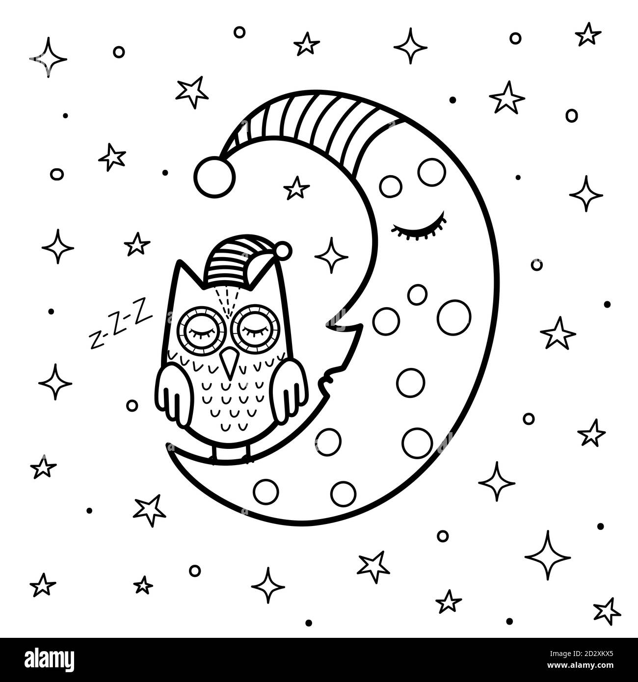Coloring page for kids with a cute sleeping moon and owl good night black and white fantasy background stock vector image art