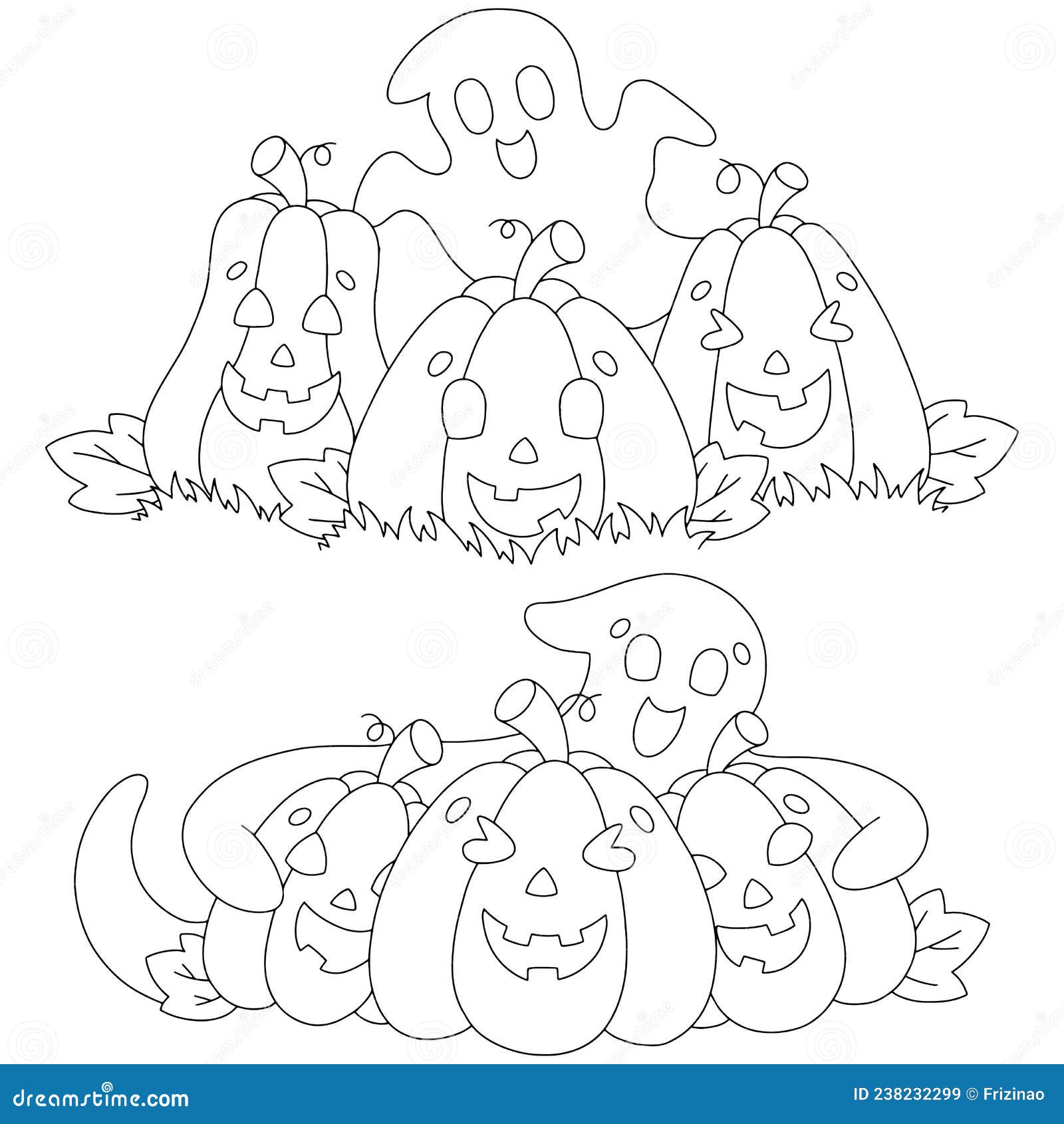 Set of funny pumpkins and ghosts coloring book page for kids cartoon style character stock vector