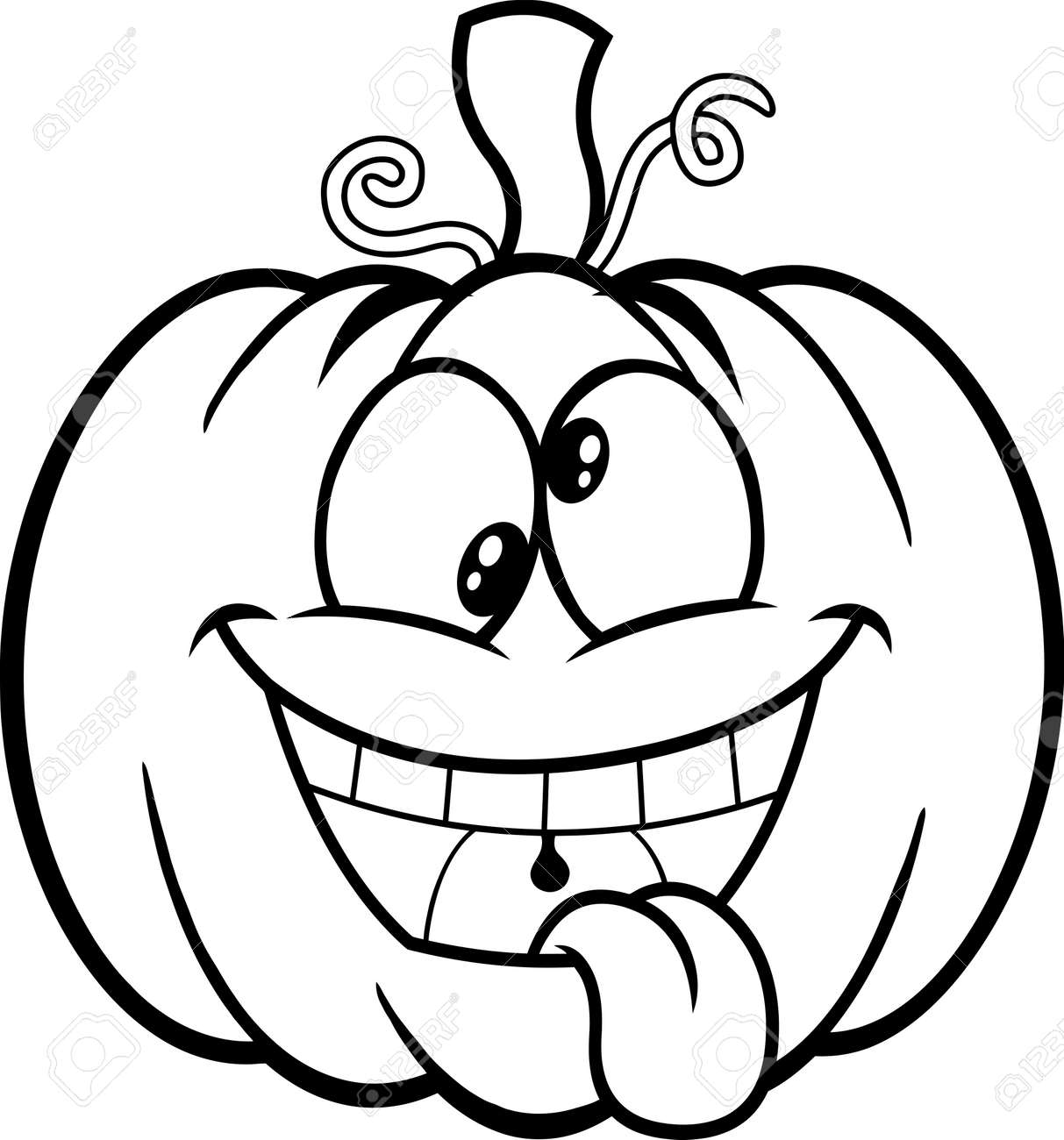 Outlined crazy halloween pumpkin cartoon emoji face character with goofy expression vector hand drawn illustration isolated on white background royalty free svg cliparts vectors and stock illustration image