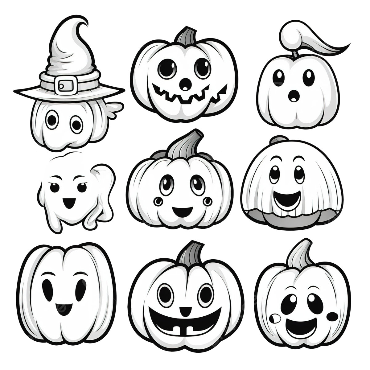 Set of funny pumpkins and ghosts coloring book page for kids halloween theme coloring png transparent image and clipart for free download