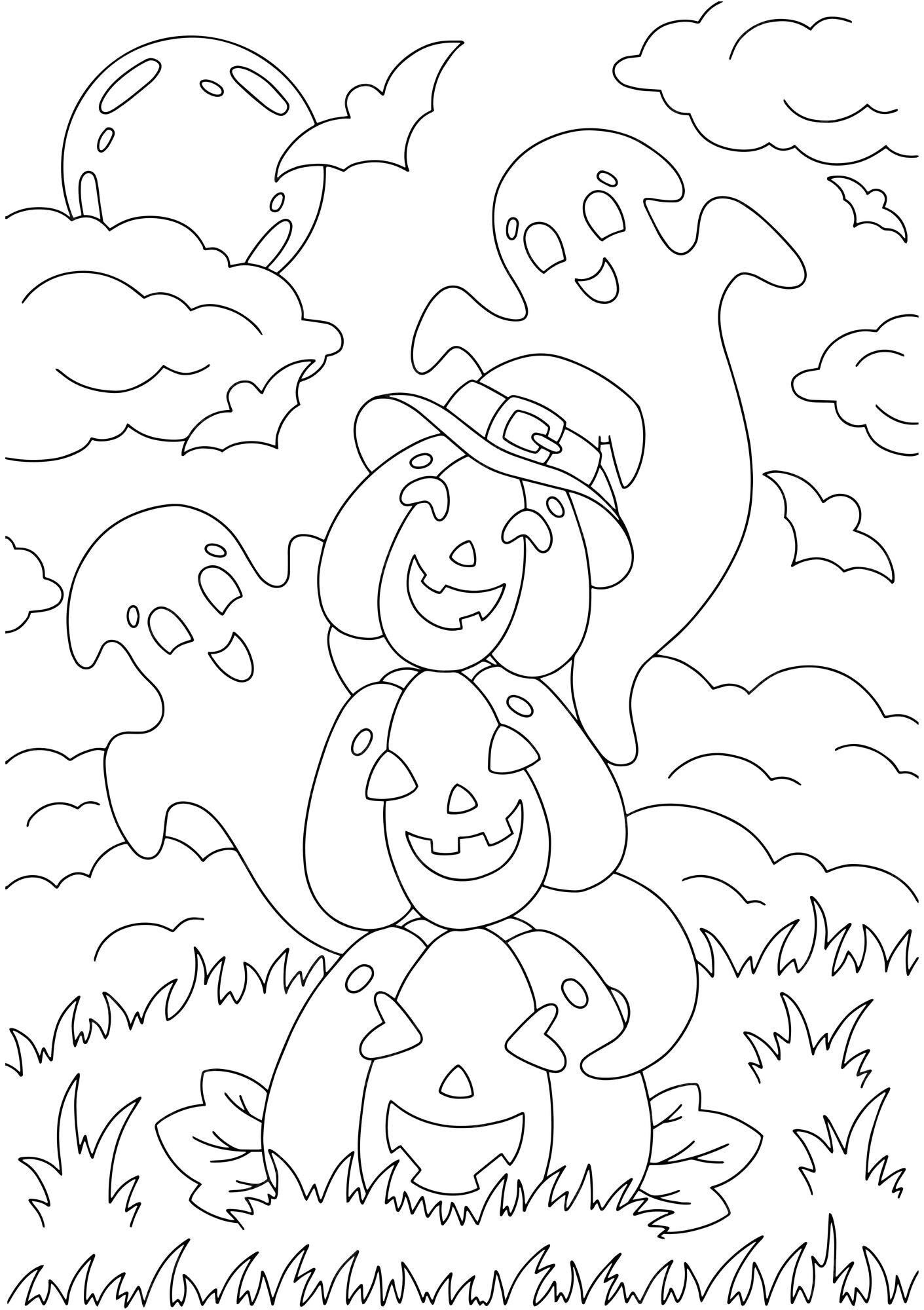 Premium vector funny pumpkins and ghosts coloring book page for kids halloween theme