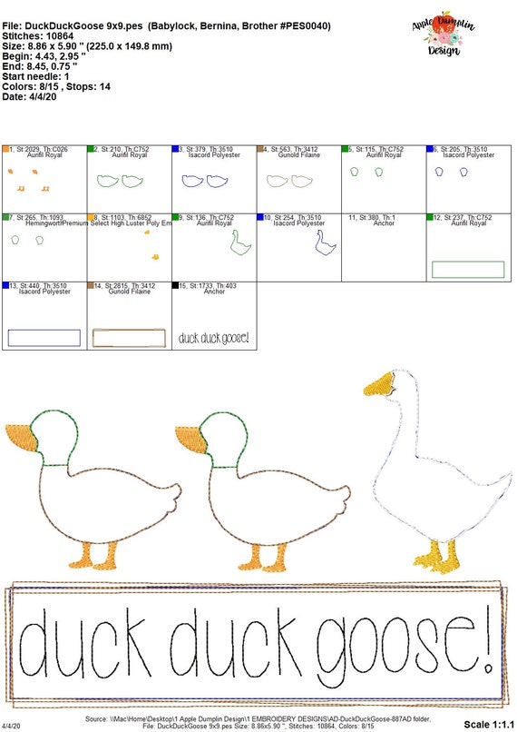 Duck duck goose bean stitch applique design machine embroidery instant download mallard duck applique x x x x x