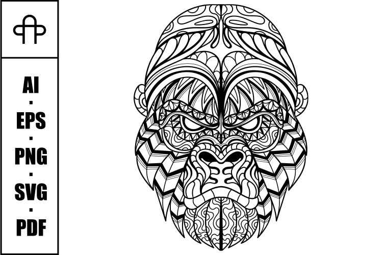 Gorilla head mandala zentangle coloring page illustration