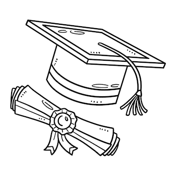 Pãgina para colorear aislada de gorro de graduaciãn y diploma vector premium