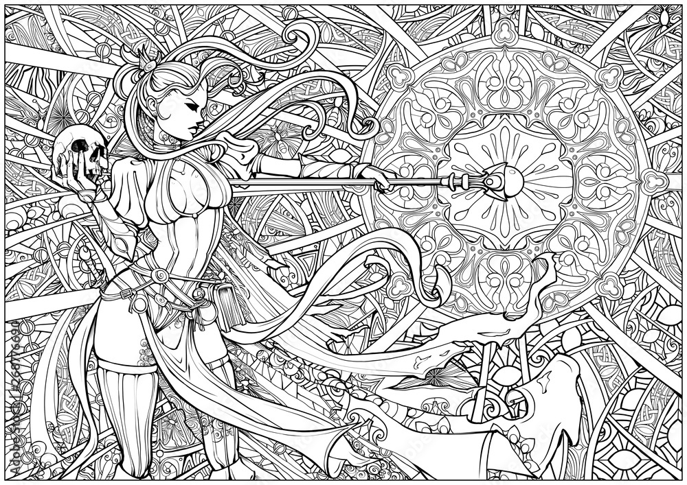 Coloring page for adults beautiful witch conjures a beautiful plex pattern in gothic style illustration