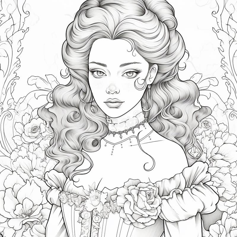 Coloring page portrait girl flowers hair stock illustrations â coloring page portrait girl flowers hair stock illustrations vectors clipart