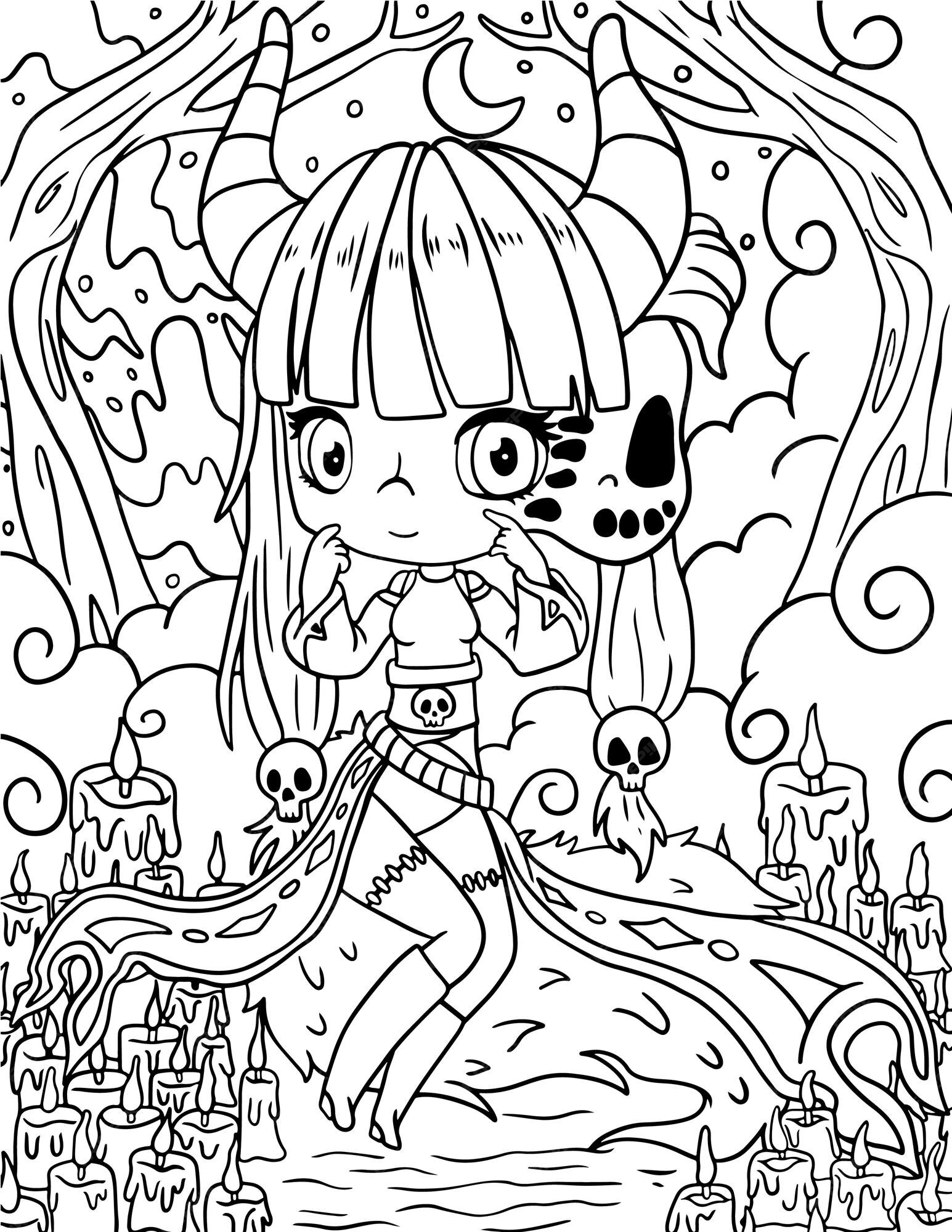 Premium vector hand drawn pastel goth coloring page creepy spooky kawaii coloring pages