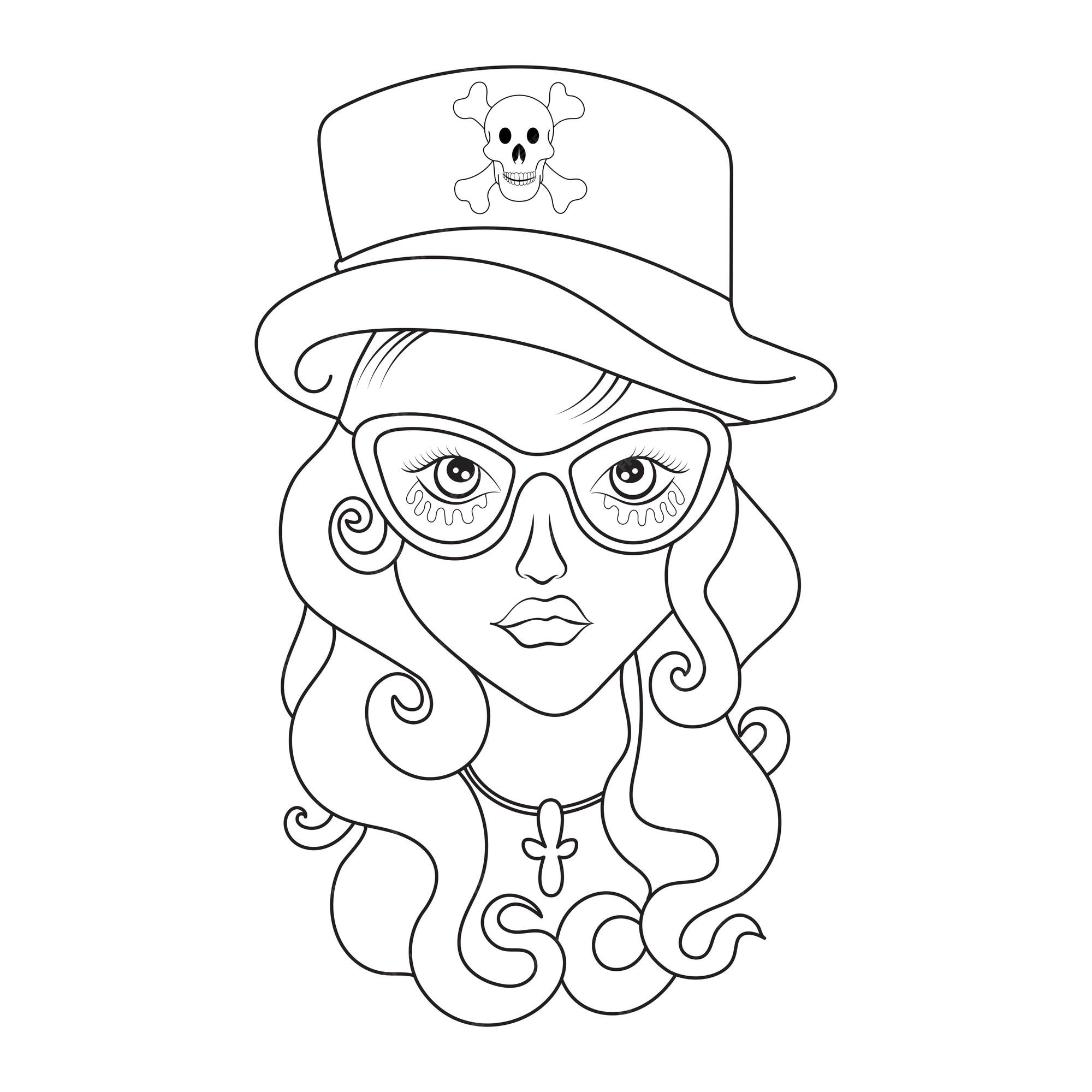 Premium vector vector illustration of pastel goth woman with long hair and skull