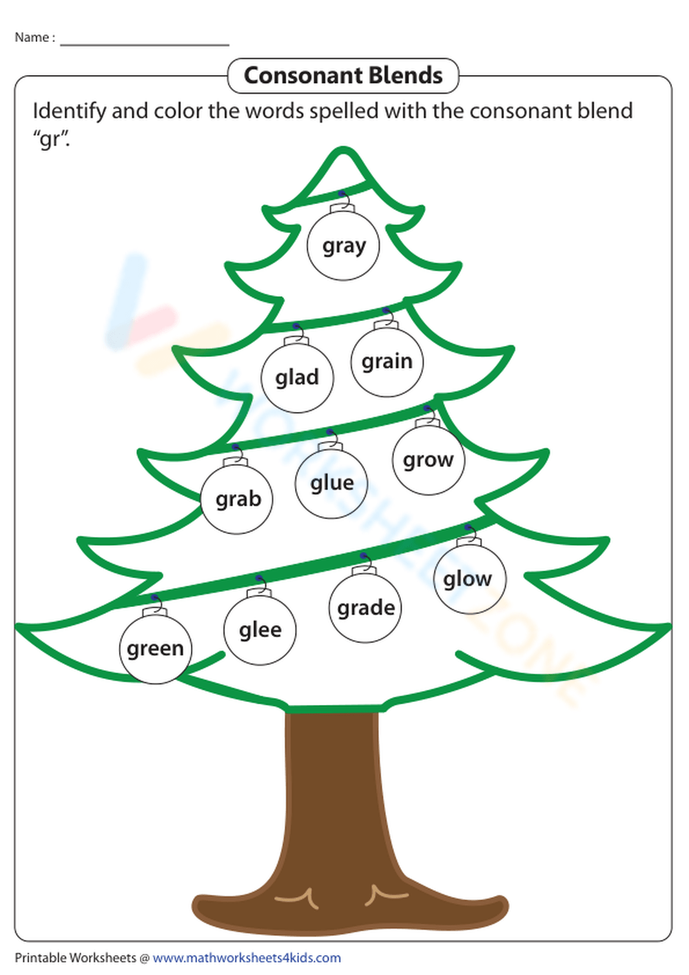 Coloring words with the gr blend worksheet