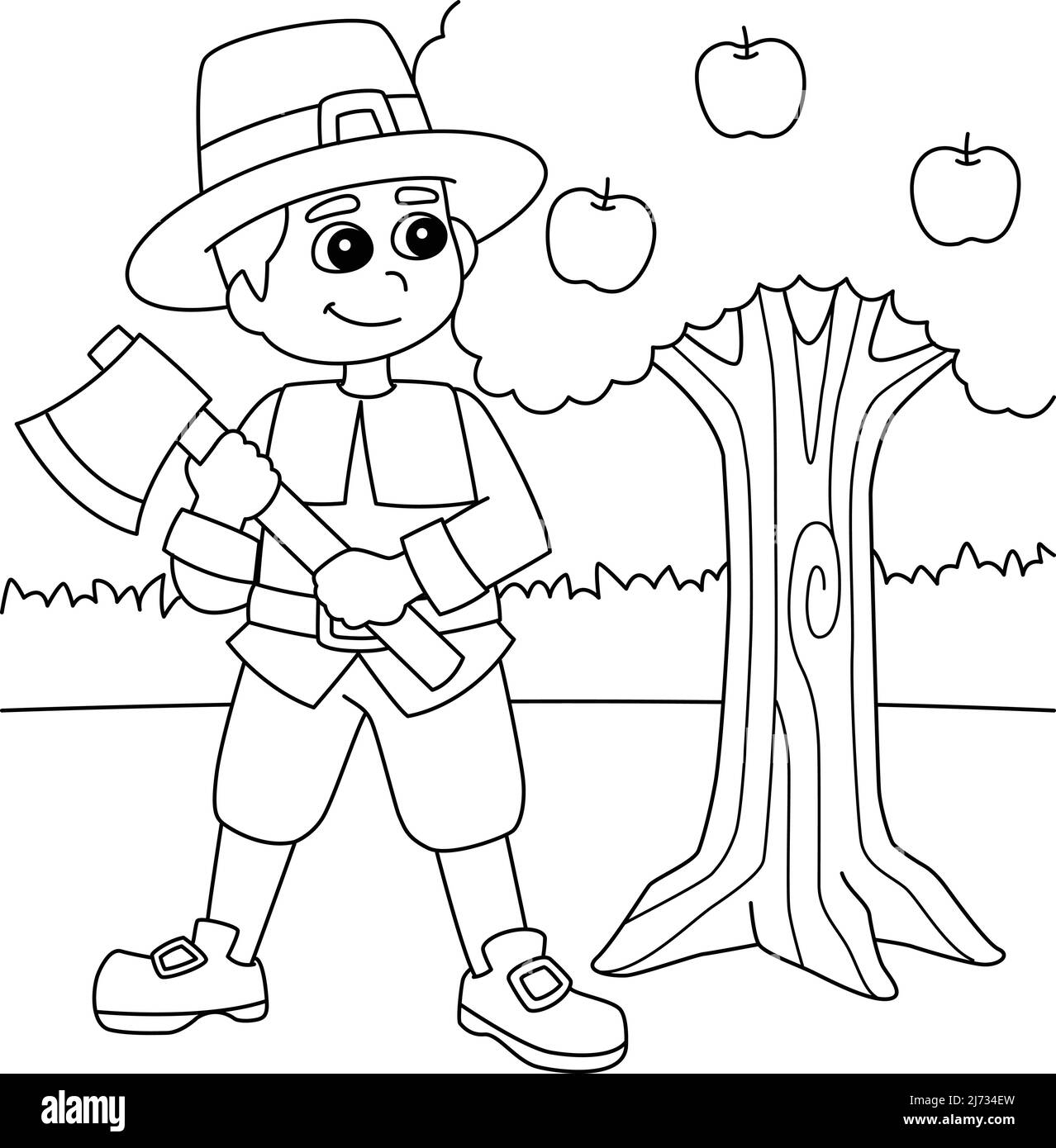 Acciãn de gracias pilgrim boy sosteniendo ax coloring page imagen vector de stock