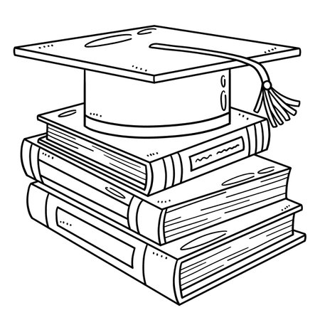 Graduation cap with books isolated coloring page