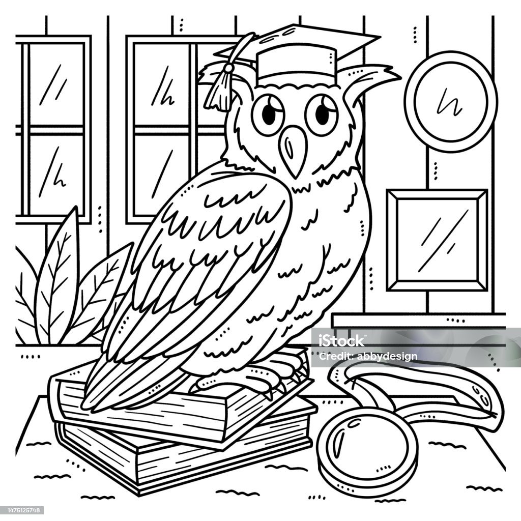 Owl with a graduation cap coloring page for kids stock illustration