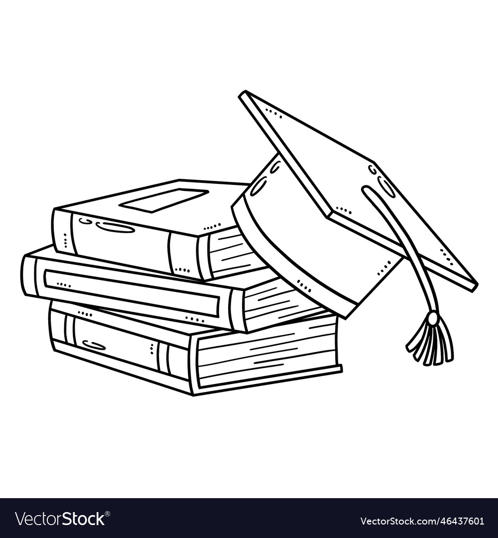 Graduation cap with books isolated coloring page vector image