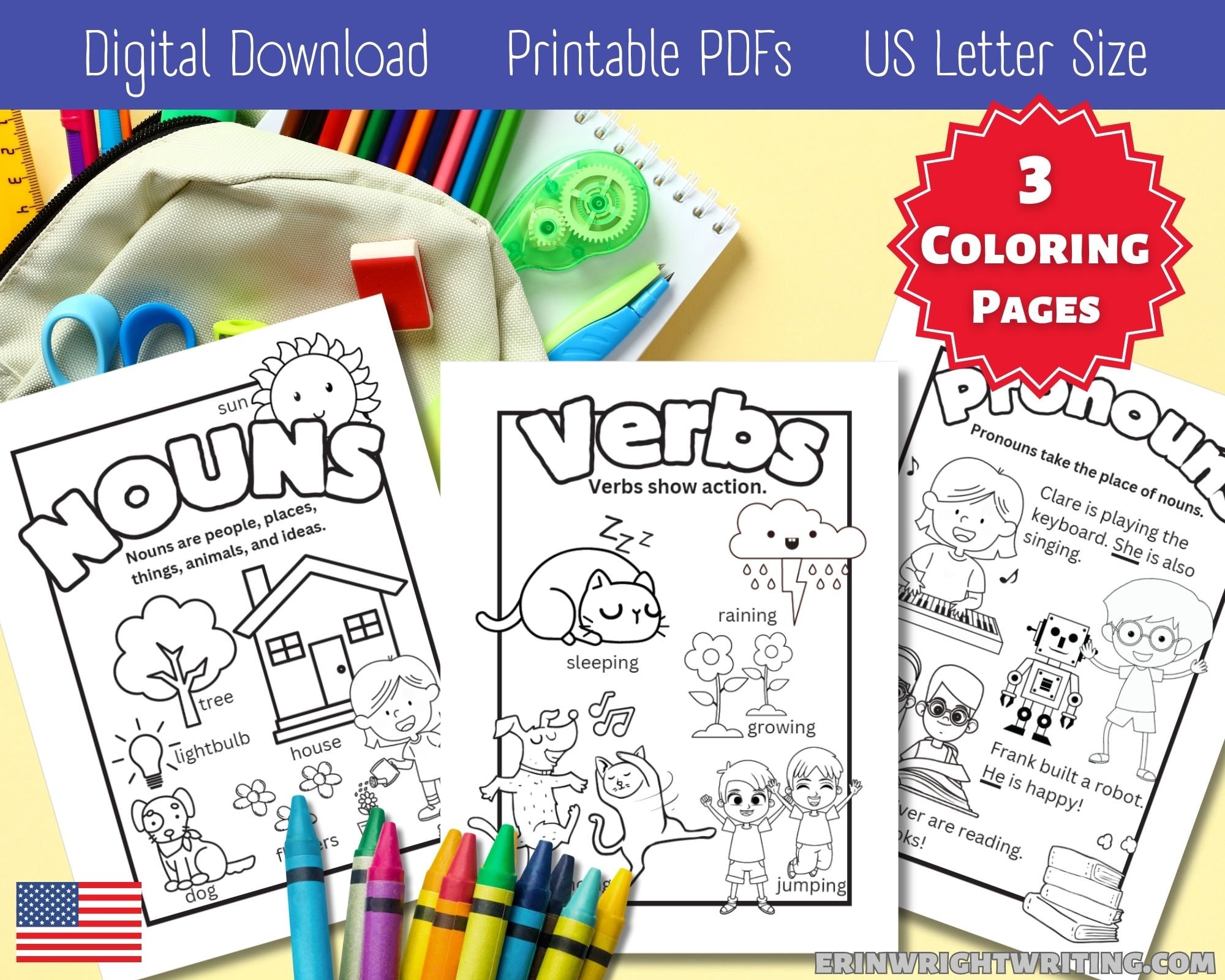 Kids grammar coloring sheets nouns coloring sheet verbs coloring sheet summer learning coloring sheets homeschooling coloring sheets