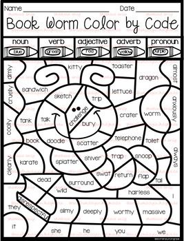 Reading theme color by code part of speech coloring sheets parts of speech reading themes fun grammar activities