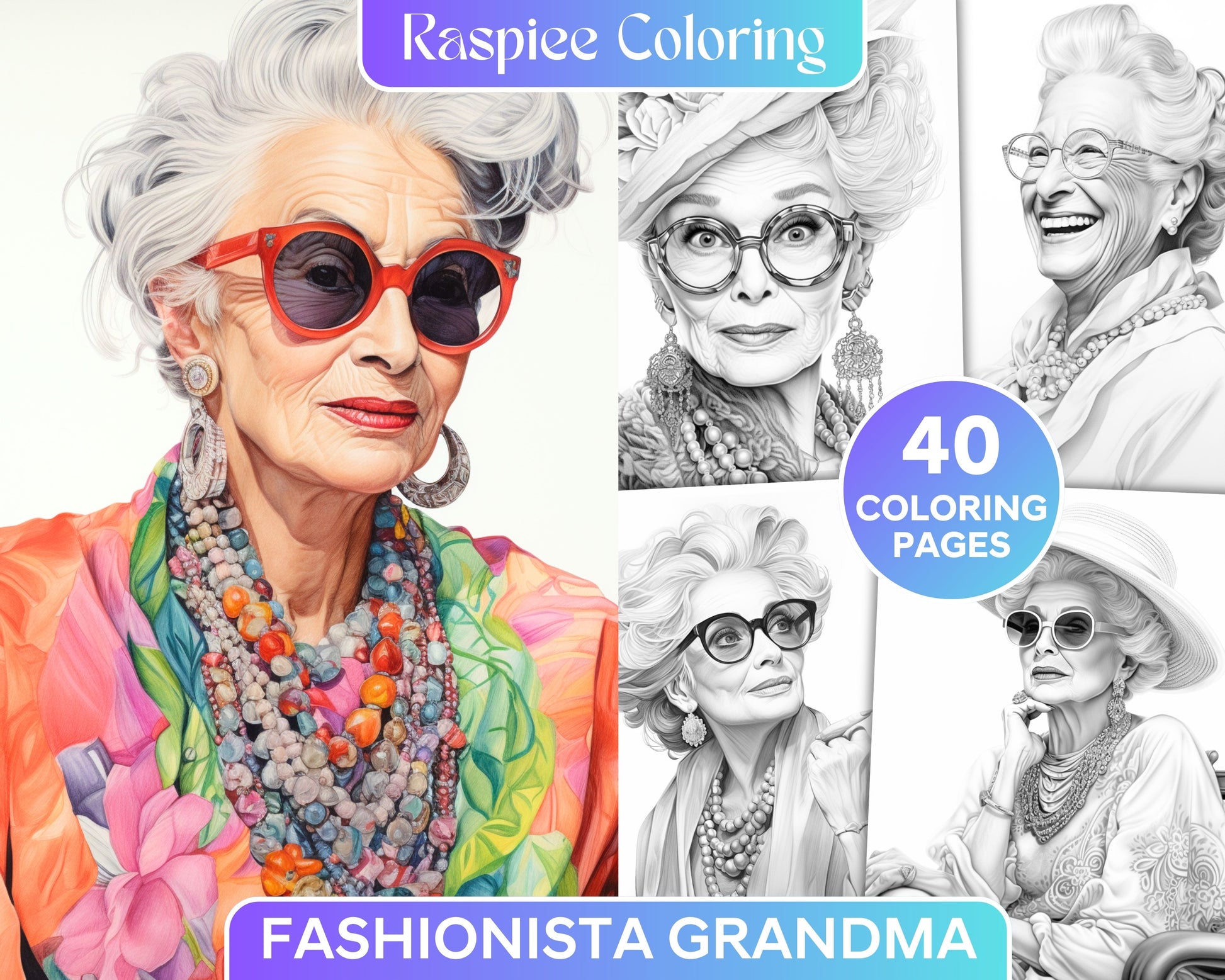 Fashionista grandma grayscale coloring pages printable for adults â coloring