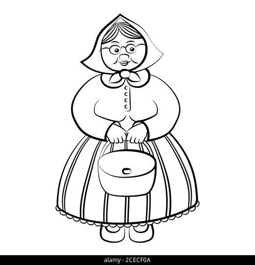 Cartoon funny granny holding bag in both hands outlined