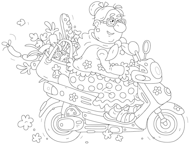 Premium vector funny chubby granny with a bag full of groceries from a shop driving her motor scooter on a way home