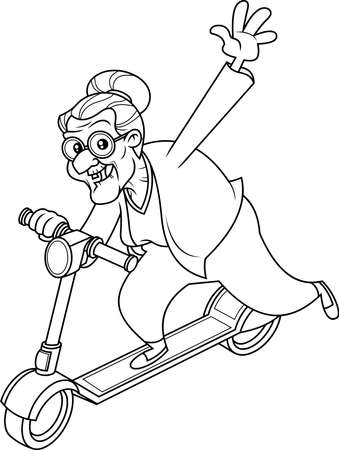 Outlined happy granny cartoon character driving scooter and waving vector hand drawn illustration isolated on transparent background royalty free svg cliparts vectors and stock illustration image