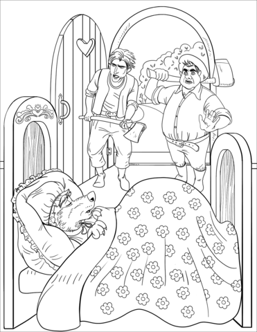 Woodcutters run into house and see the sleeping wolf who swallowed grandma and little red riding hood coloring page free printable coloring pages