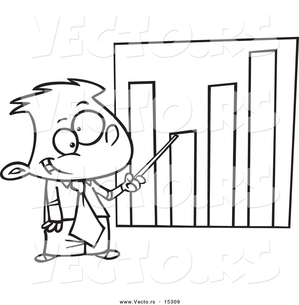 R of a cartoon businessboy pointing to a bar graph