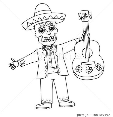 Mexican mariachi skeleton isolated coloring page