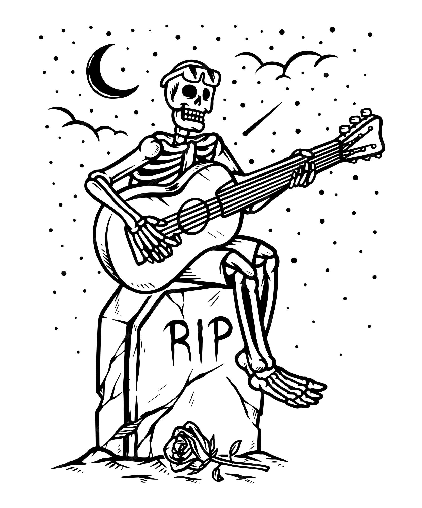 Premium vector skeleton playing guitar in grave line illustration