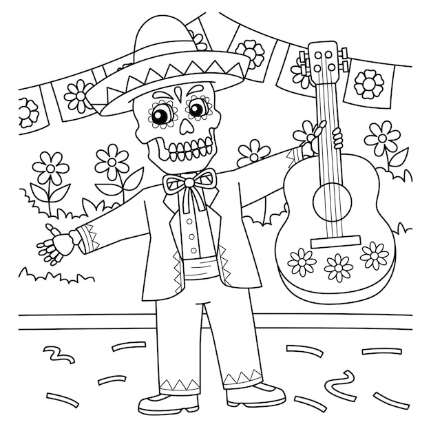 Premium vector cinco de mayo skeleton holding guitar coloring