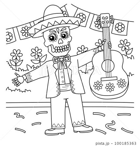 Cinco de mayo skeleton holding guitar coloring