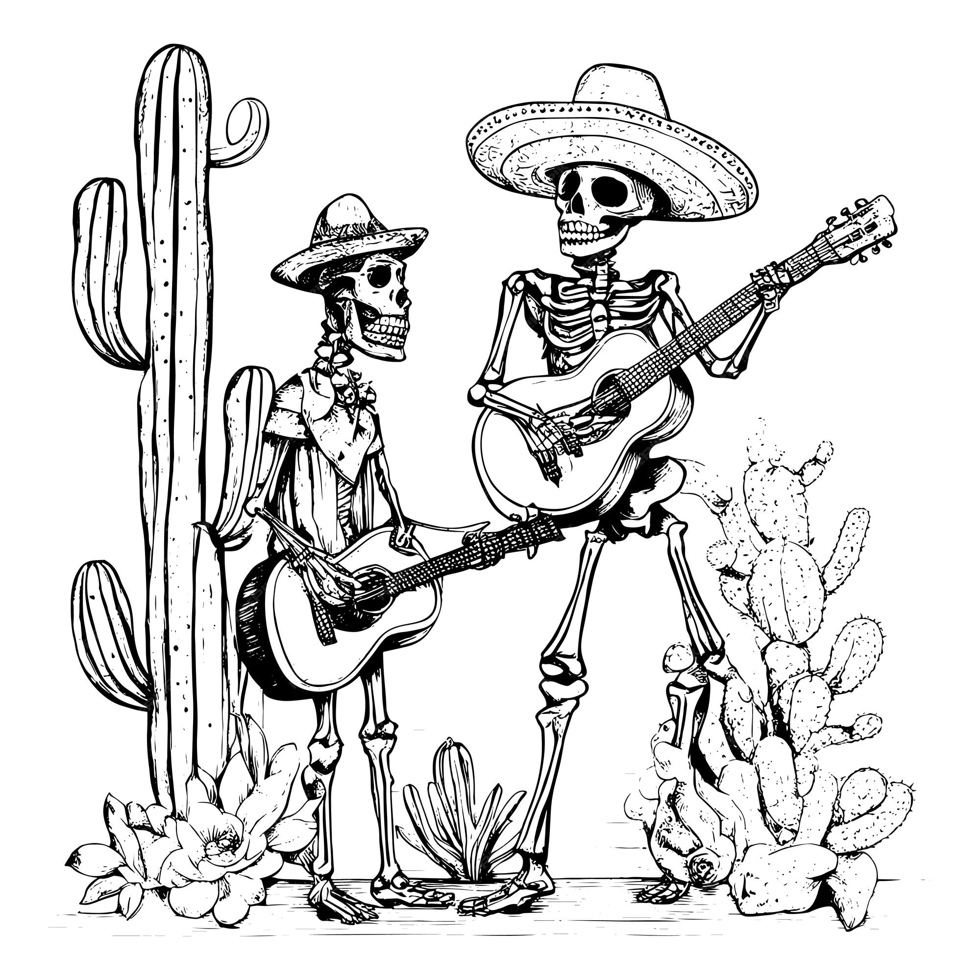 Premium vector day of the dead sketch mexico national holiday skeleton dance play guitar hand drawn engraved sketch