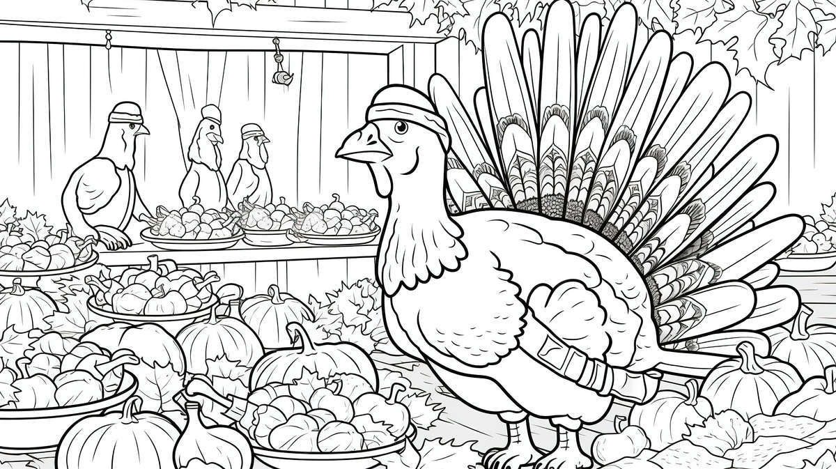 Fondo pãgina para colorear de agradecimiento de acciãn de gracias con un pavo con calabazas fondo dibujo de pavo para colorear turquãa colorido imagen de fondo para dcarga gratuita
