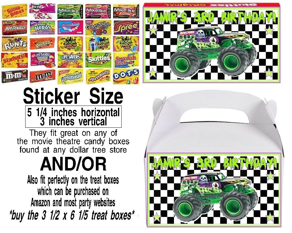 Grave digger monster truck birthday party treat box stickers movie candy