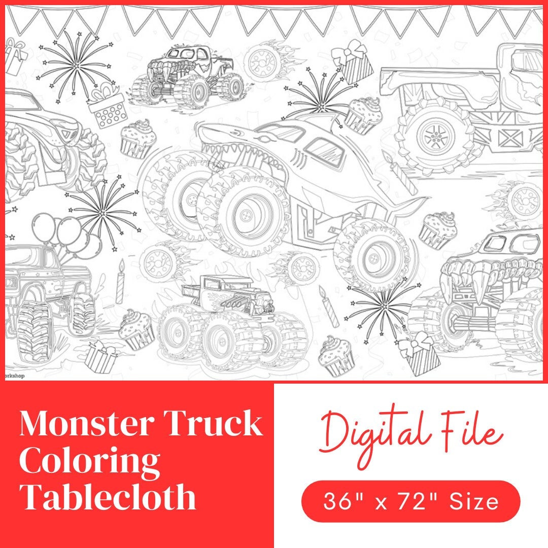 Monster truck birthday party coloring banner digital download boys birthday decor coloring sheet x coloring tablecloth instant download