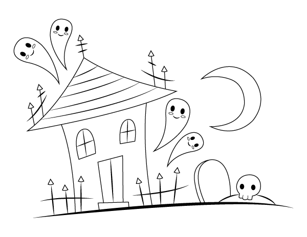Printable haunted house and graveyard coloring page