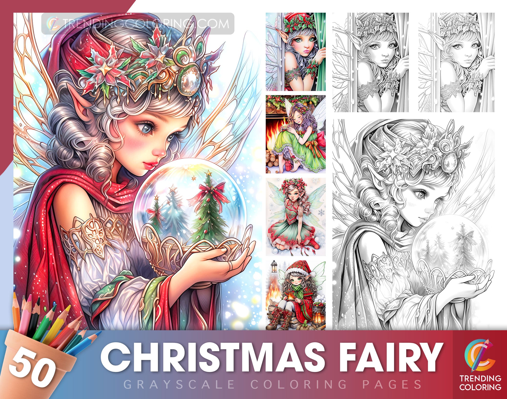 Christmas fairy grayscale coloring pages