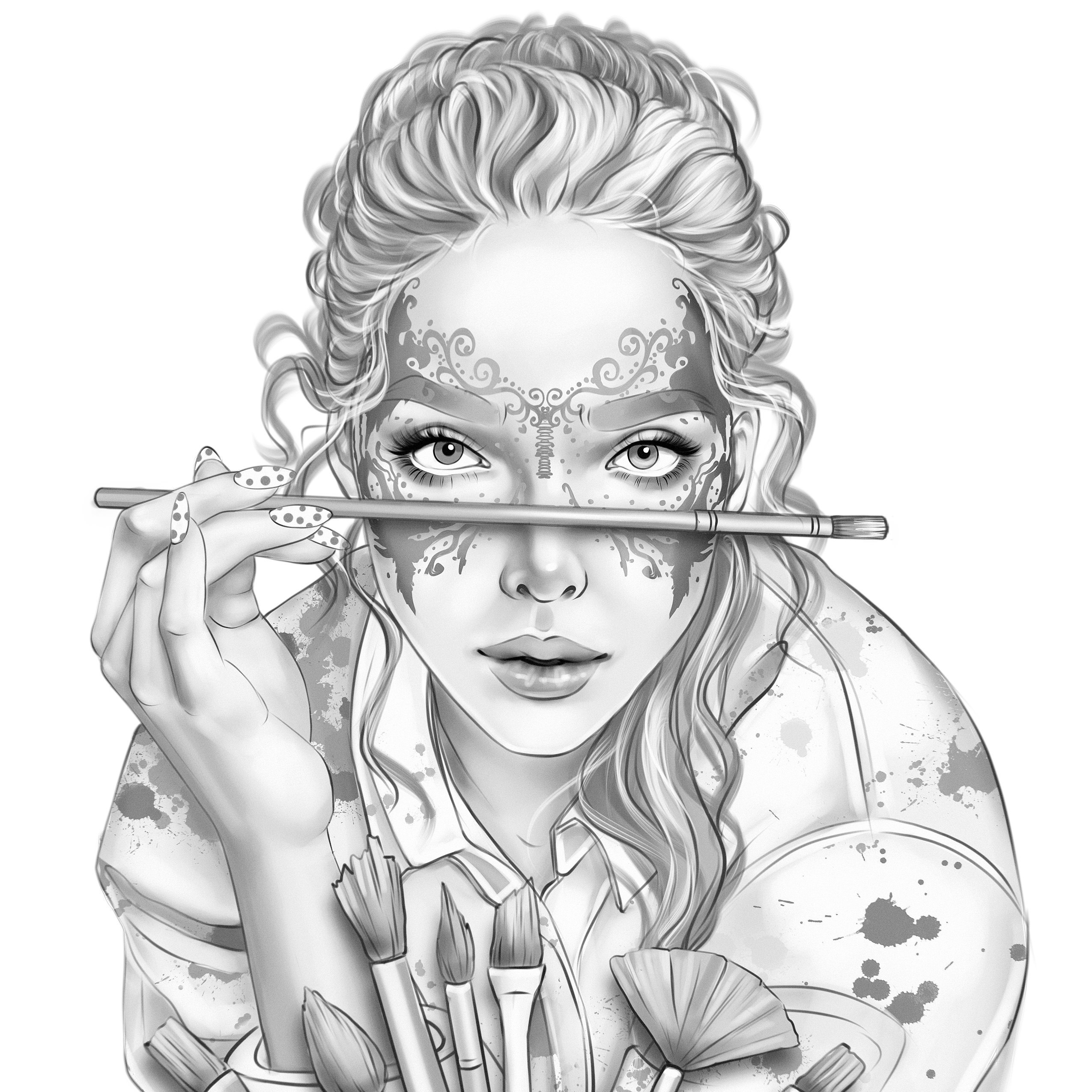 Premium grayscale coloring page instant download coloring page printable woman portrait geisha