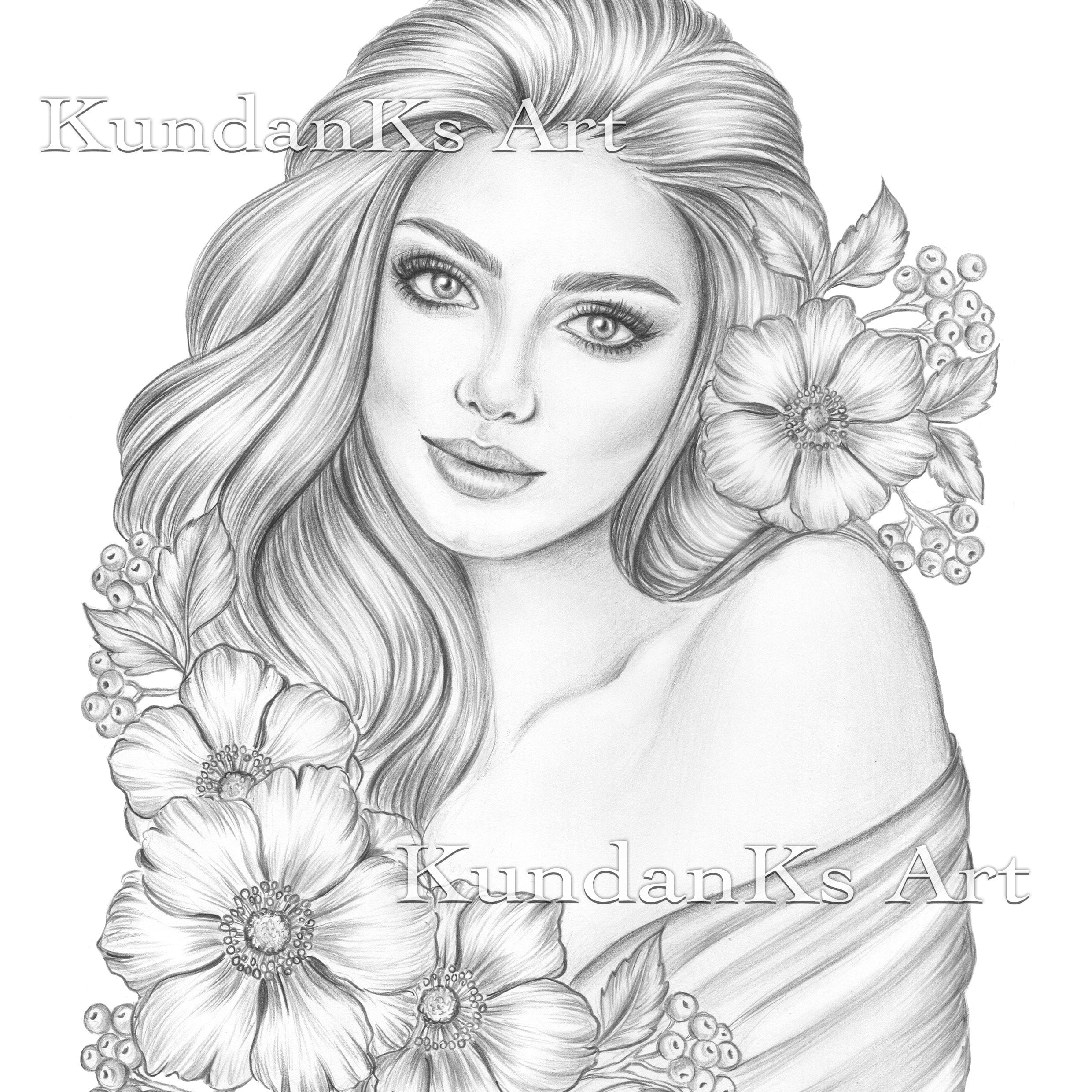 Anemone adult coloring page portrait coloring grayscale coloring instant download aa printable kundanks art download now