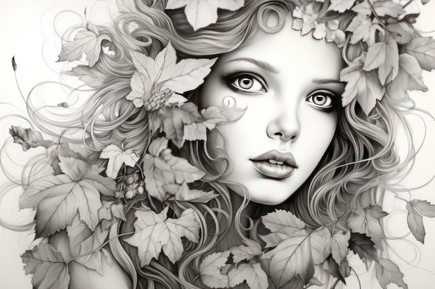 Premium ai image coloring pages for adult beautiful women autumn style close up grayscale