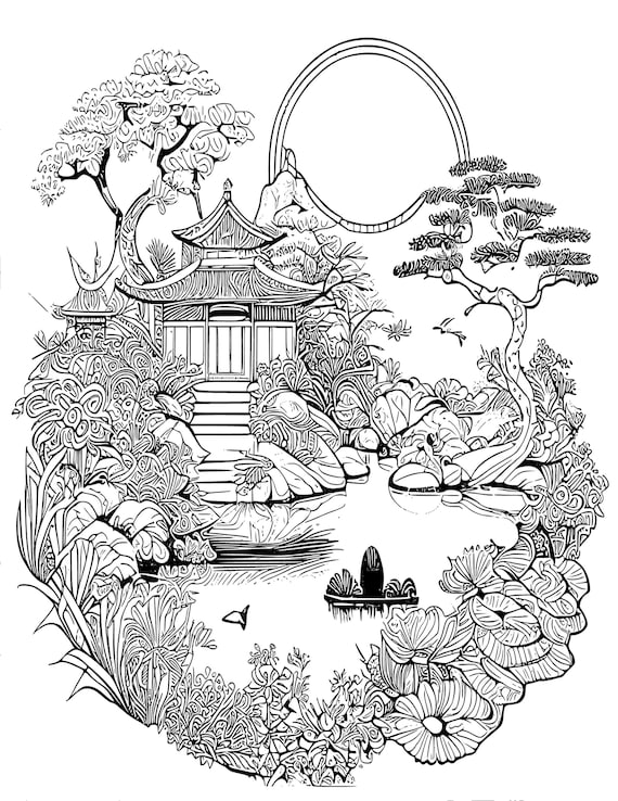 Book adult grayscale coloring pages japanese garden adult printable book digital download not a physical product