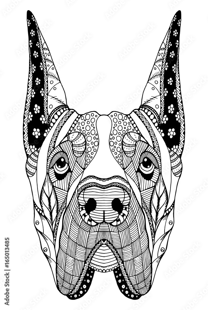 Great dane dog zentangle stylized head freehand pencil hand drawn pattern anti stress coloring book for adults and kids vector