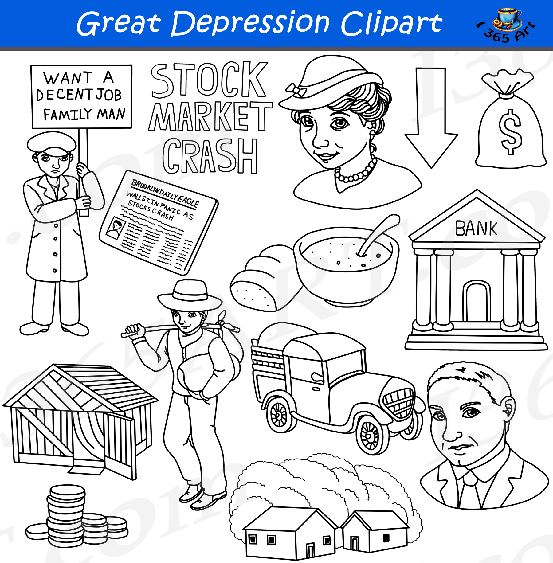 The great depression clipart graphic set