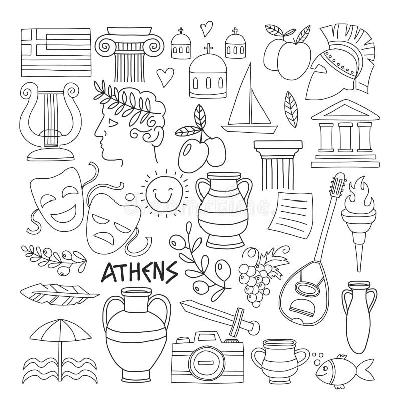 Ancient greece vector elements in doodle style for coloring pages travel history music food wine stock vector