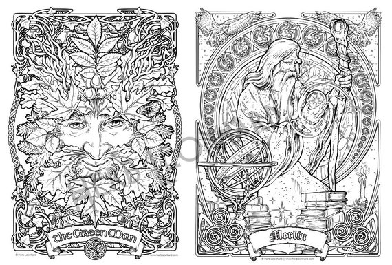 Green man merlin herb leonhard adult coloring page legend nouveau coloring book page digital coloring page instant pdf download